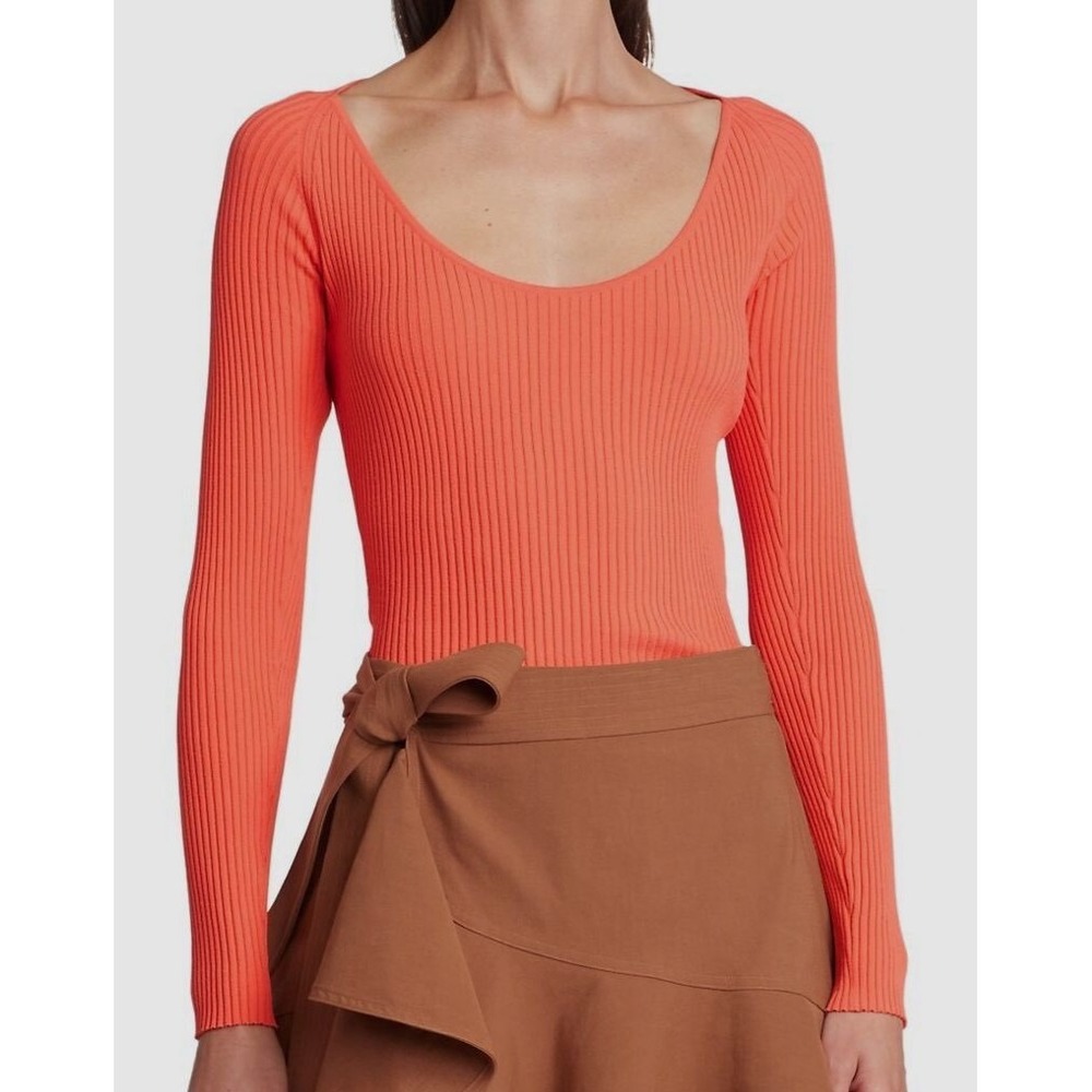ALC Coral Orange‎ Ribbed Knit Scoop Neck Long Sleeve Top Size Large